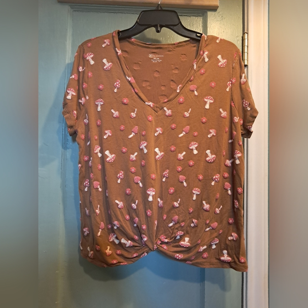 No Boundaries Brown V-Neck Twist Front Mushroom Print Top